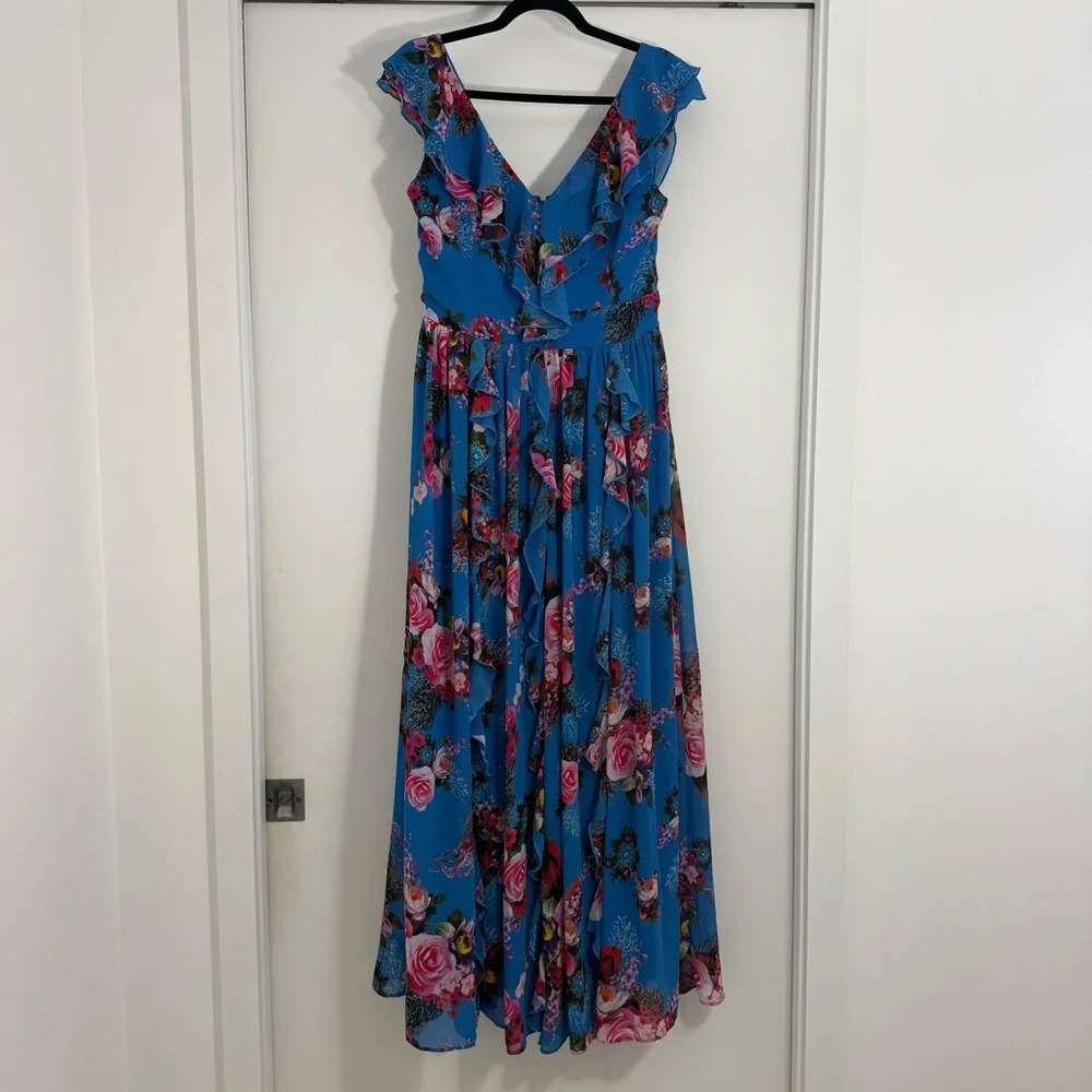 Boston Proper Blue Floral Ruffle Maxi Dress 8 Easter Spring Preppy Cottagecore - Picture 2 of 13
